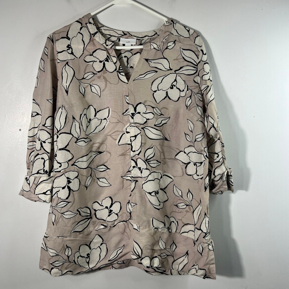 Womens J Jill Linen Blend Floral Pullover Tunic Tan Black XS 3/4